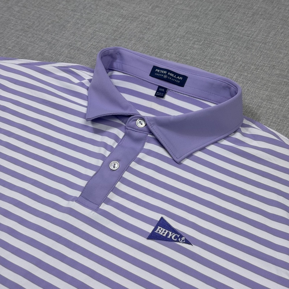 Peter Millar Crown Crafted Bass Performance Jersey Polo Mens 2XL Purple Striped